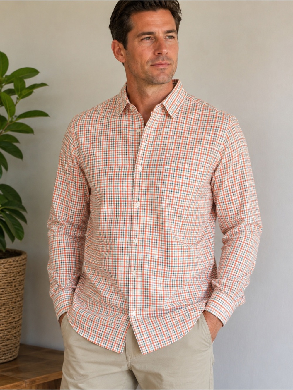 GAP Classic Fit Plaid Button Down Shirt Men’s XL Orange Blue Cotton Casual